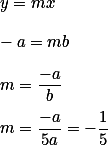 y=mx\\\\-a=mb\\\\m=\frac{-a}{b}\\\\m=\frac{-a}{5a}=-\frac{1}{5}